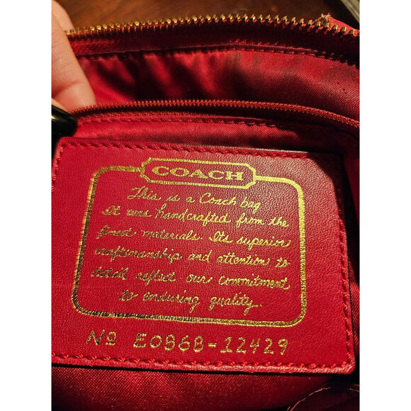 Coach Purse: Beige Signature Canvas + Red Patent Leather, Authentic Zipped Tote - Picture 5 of 13